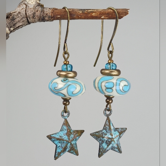 HAND CRAFTED Star Dangle Earrings Turquoise Blue Lampwork Glass Patina Brass - Picture 2 of 6